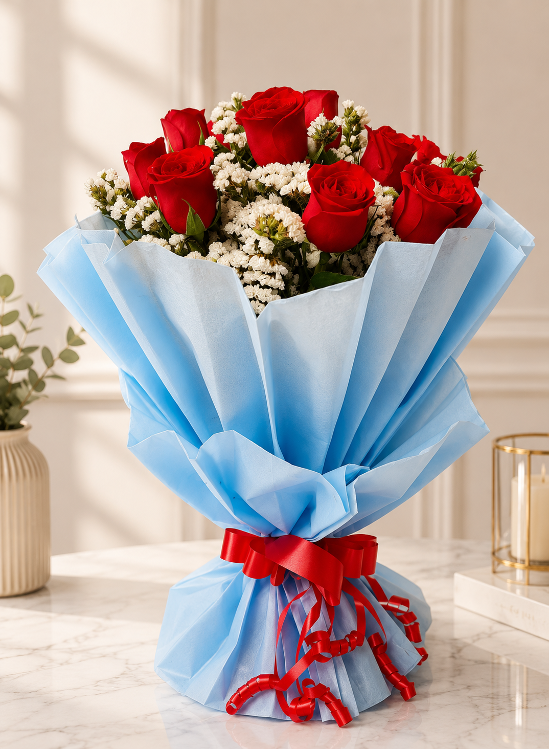 Red Rose in Blue Tissue Wrapping